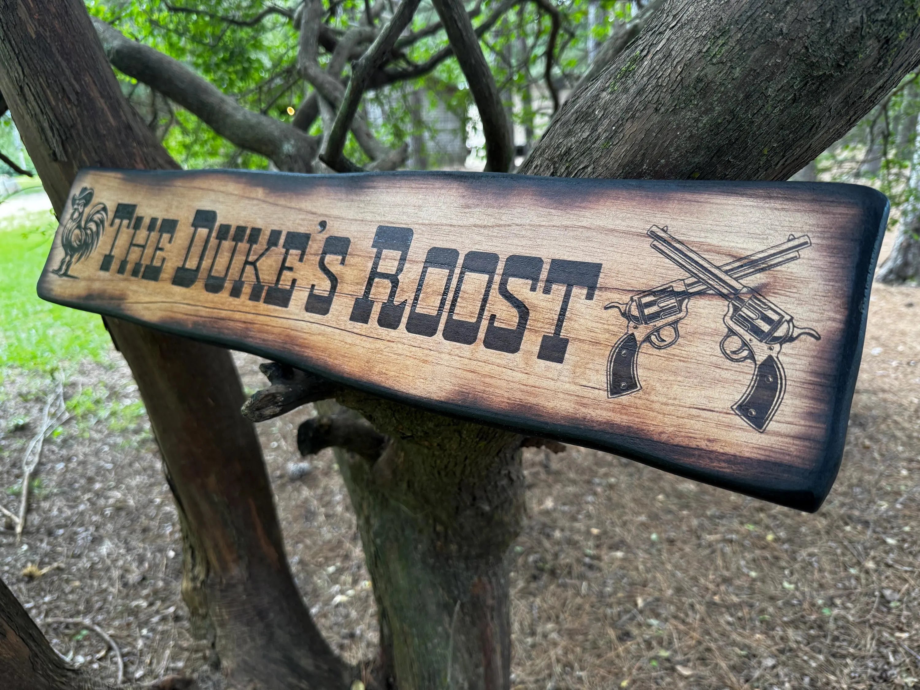 Cowboy Rooster Farm Sign - Six Shooter Pistols